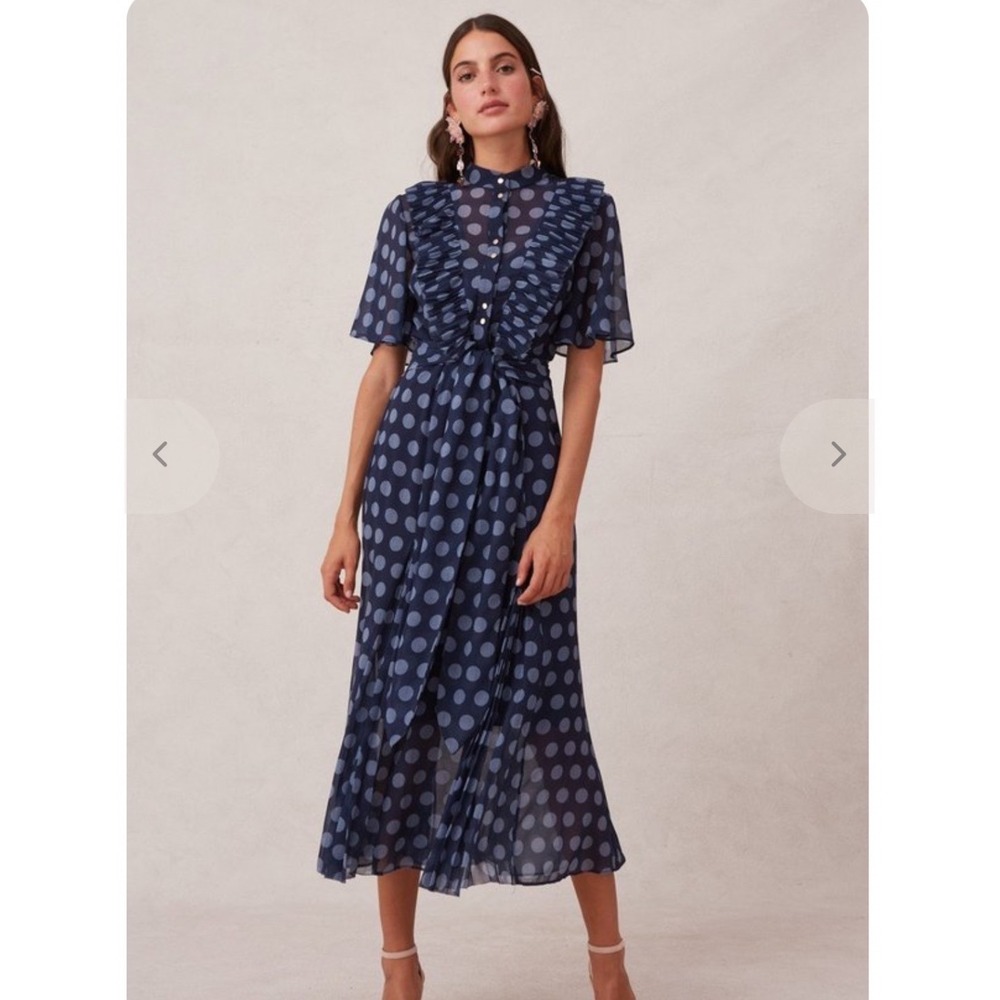 KEEPSAKE THE LABEL |‎ Navy Polka Dot Ruffle Pleated Passion Midi Dress, Size 4